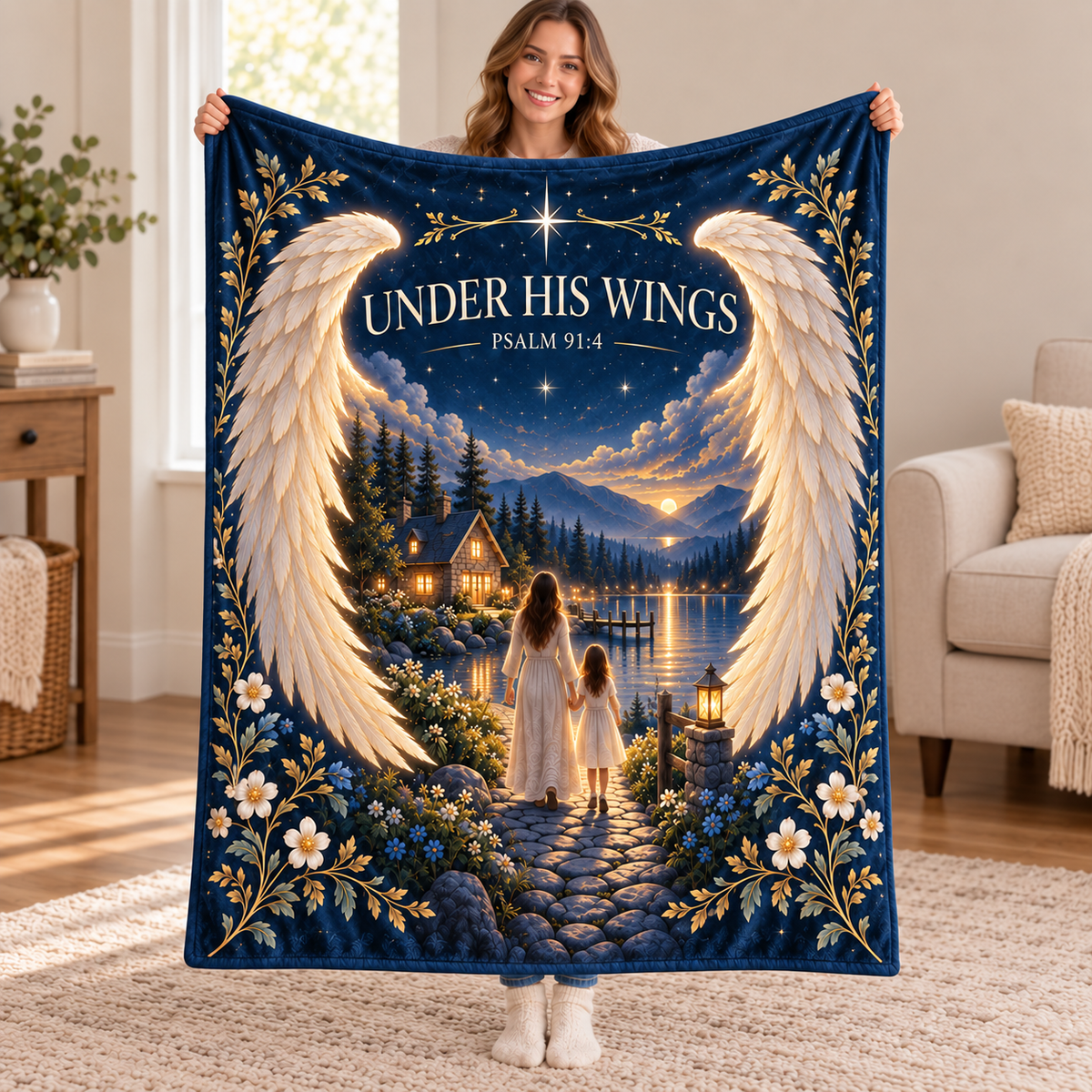 "Under His Wings" Psalm 91:4 Lakeside Refuge Throw Blanket – Mother & Daughter Twilight Art