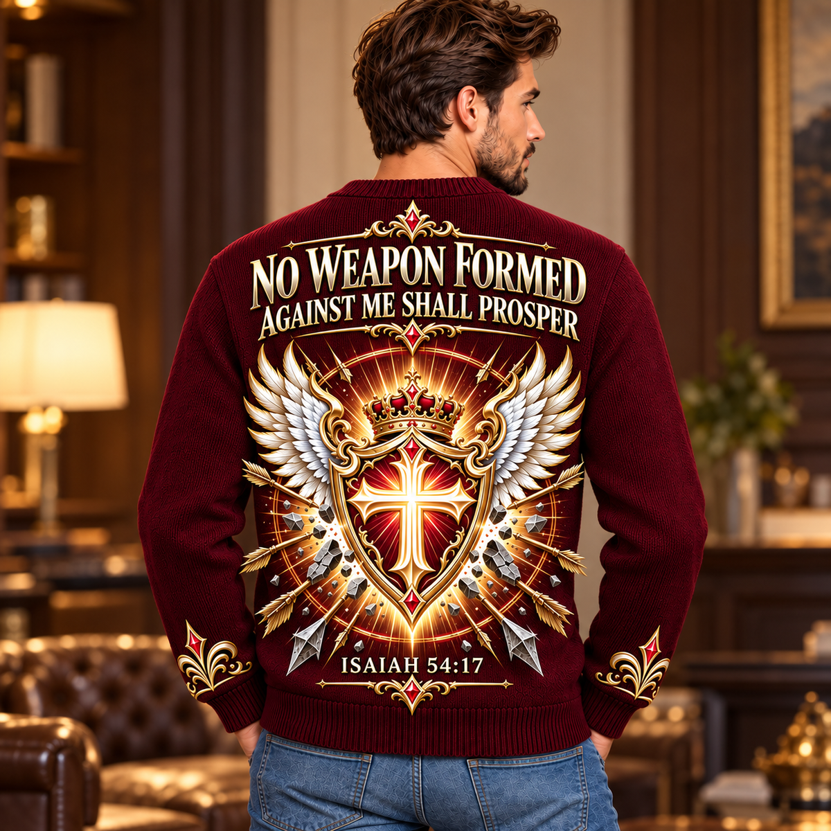 No Weapon Formed – King’s Armor Burgundy Christian Sweater