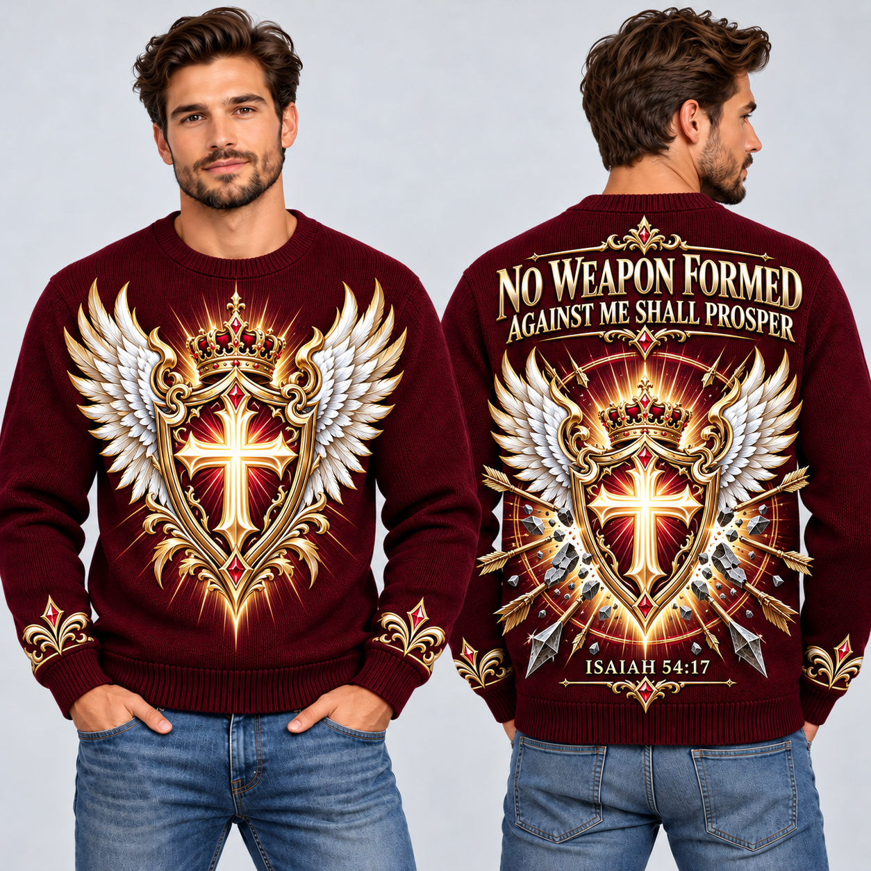 No Weapon Formed – King’s Armor Burgundy Christian Sweater