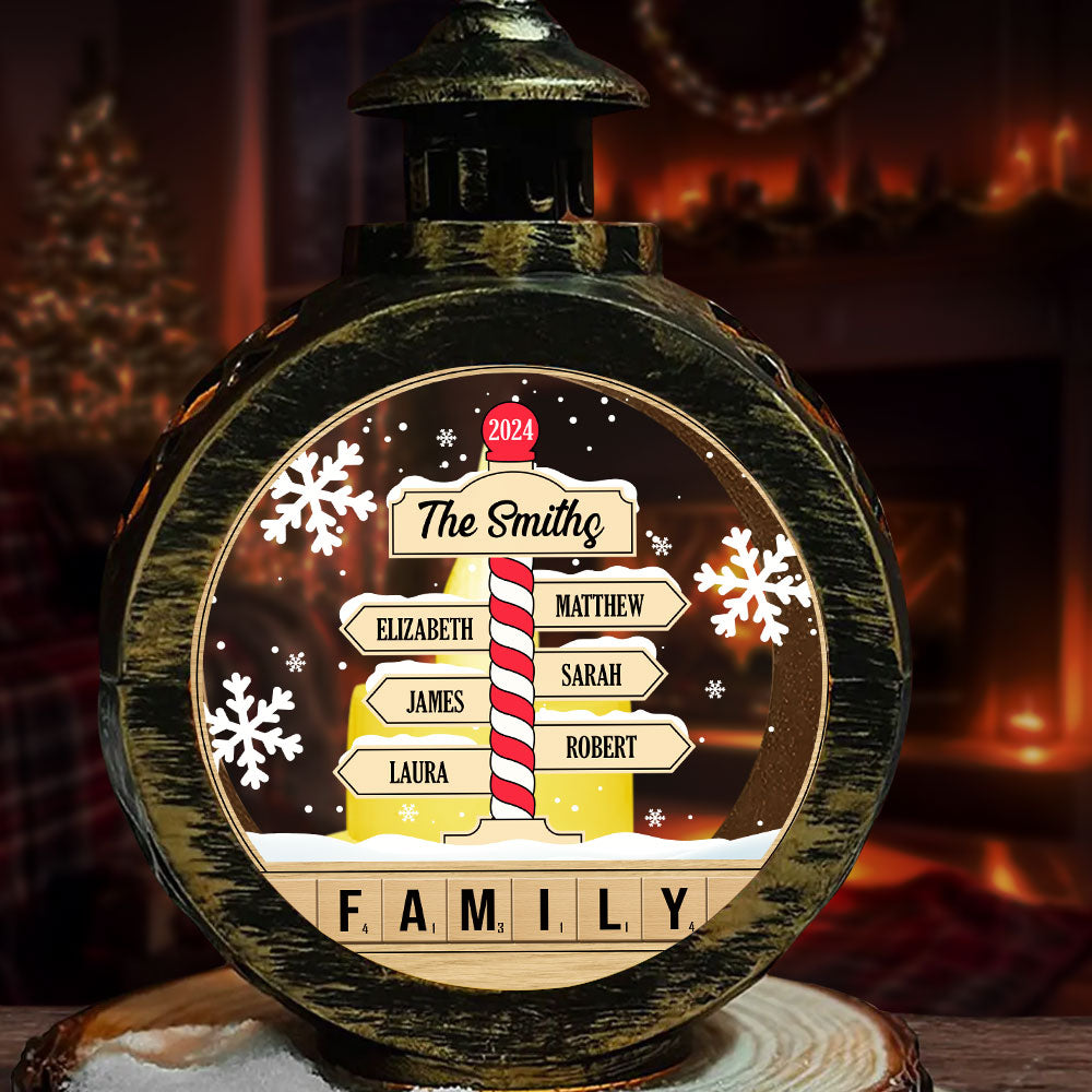 Family North Pole Sign In Snow Globe - Personalized Candlelight Lantern Ornament