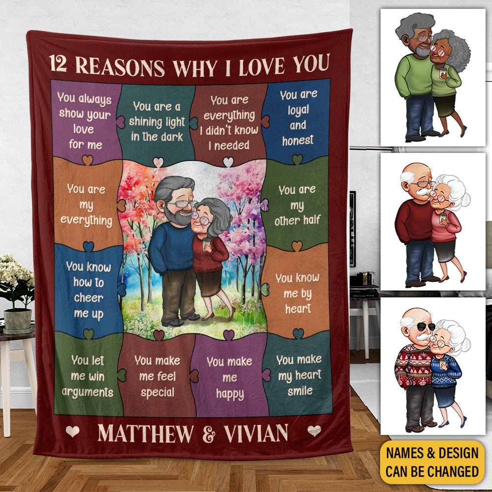 12 Reasons Why I Love You Old Couple - Personalized Blanket - Best Gift For Couple, For Valentine - Giftago