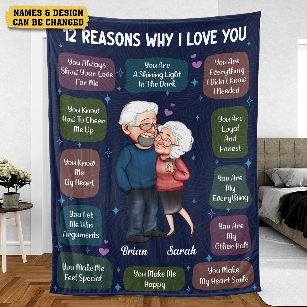 12 Reasons Why I Love You Old Couple - Personalized Blanket - Meaningful Gift For Your Wife, Your Husband - Giftago