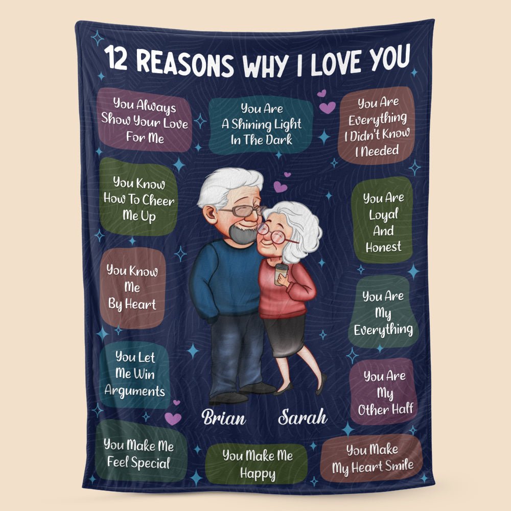 12 Reasons Why I Love You Old Couple - Personalized Blanket - Meaningful Gift For Your Wife, Your Husband - Giftago