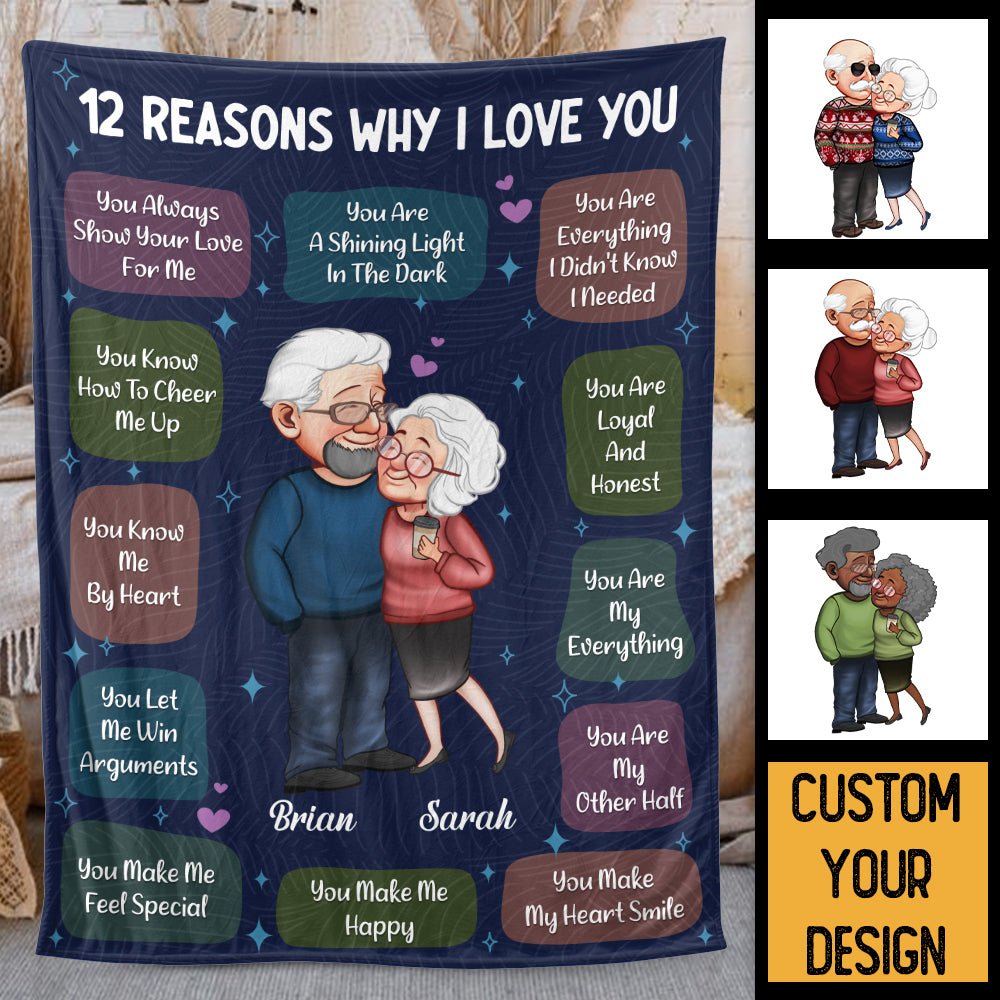 12 Reasons Why I Love You Old Couple - Personalized Blanket - Meaningful Gift For Your Wife, Your Husband - Giftago