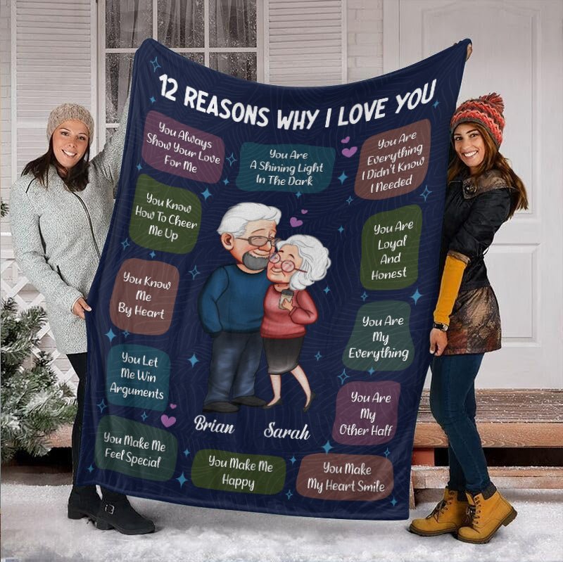 12 Reasons Why I Love You Old Couple - Personalized Blanket - Meaningful Gift For Your Wife, Your Husband - Giftago