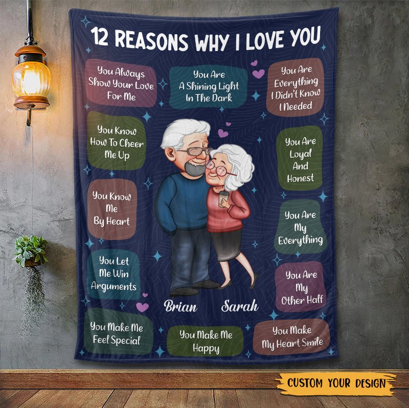 12 Reasons Why I Love You Old Couple - Personalized Blanket - Meaningful Gift For Your Wife, Your Husband - Giftago