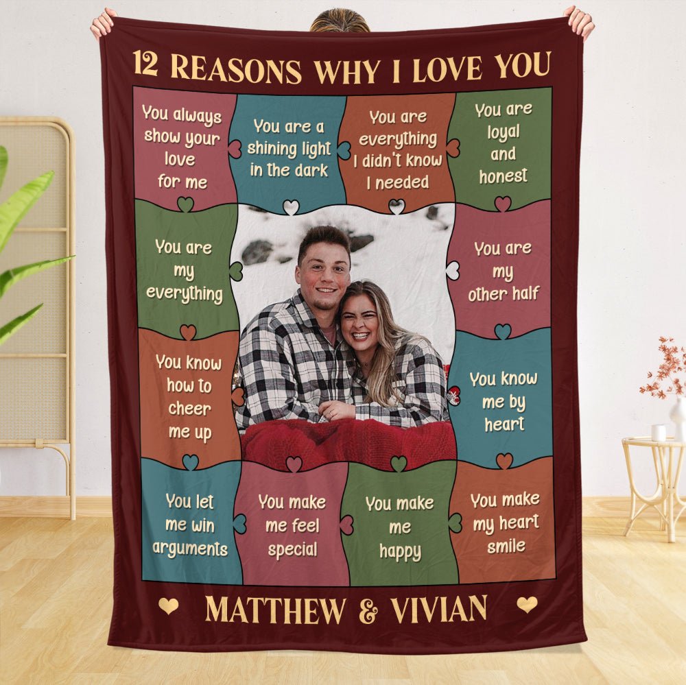 12 Reasons Why I Love You Photo - Personalized Blanket - Meaningful Gift For Valentine, For Couple - Giftago