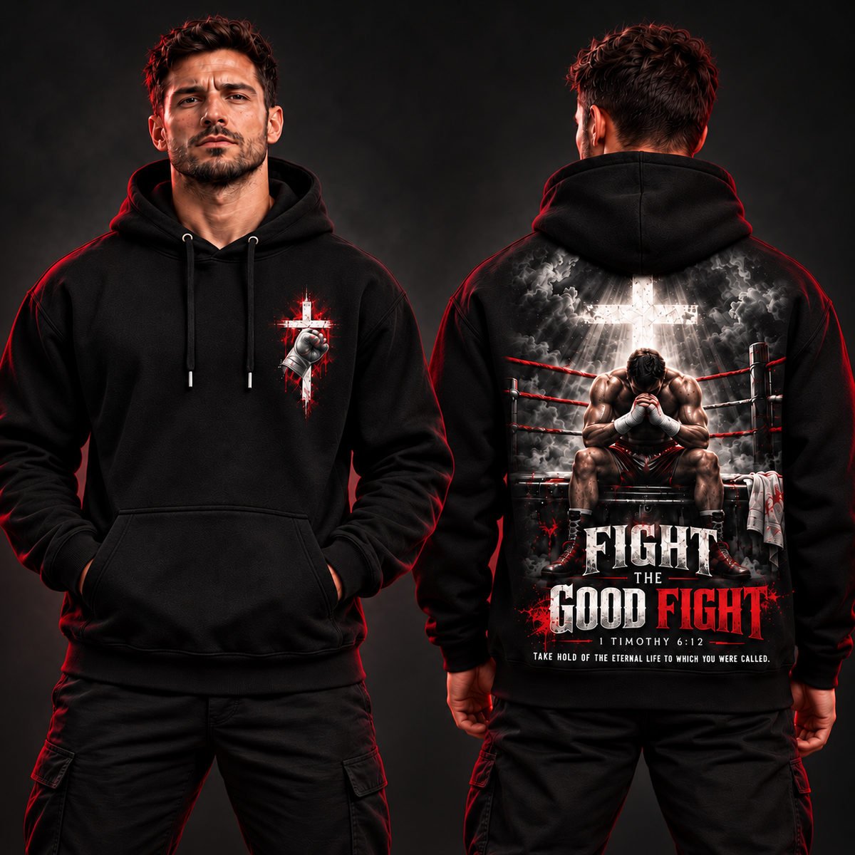 Fight the Good Fight – Stand in Faith Black & Red Christian Hoodie