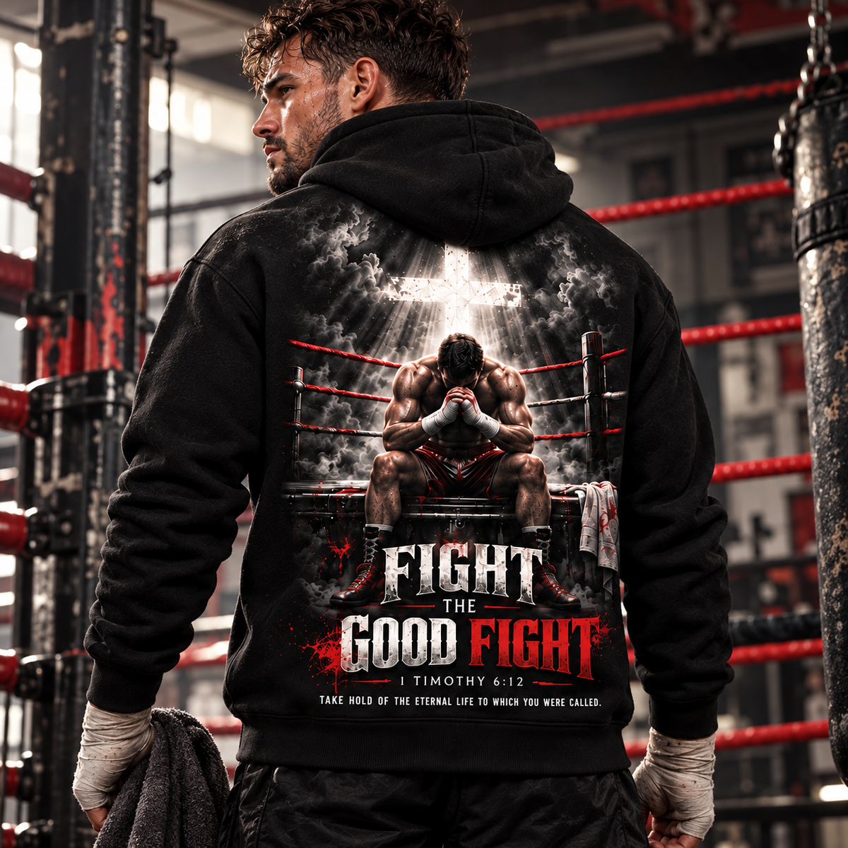 Fight the Good Fight – Stand in Faith Black & Red Christian Hoodie