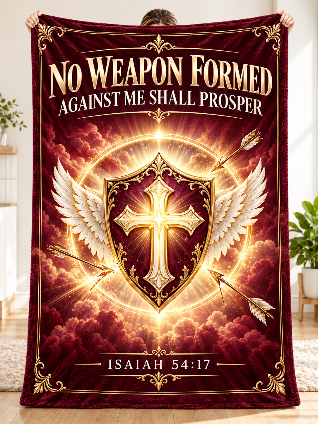 No Weapon Formed – Crowned Protection Burgundy Christian Blanket