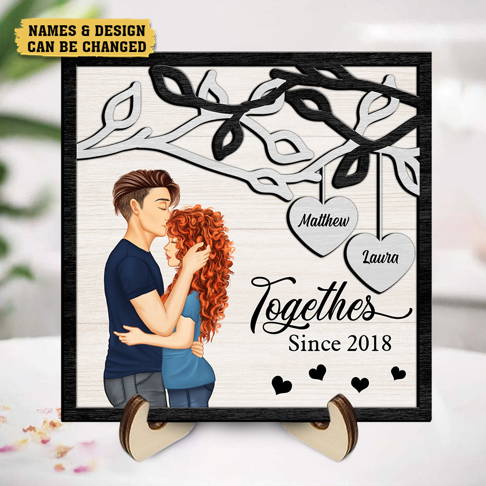 Together Since Couple Kissing - Personalized Custom 2-Layered Wooden Plaque With Stand - Best Gift For Couple, For Valentine - Giftago