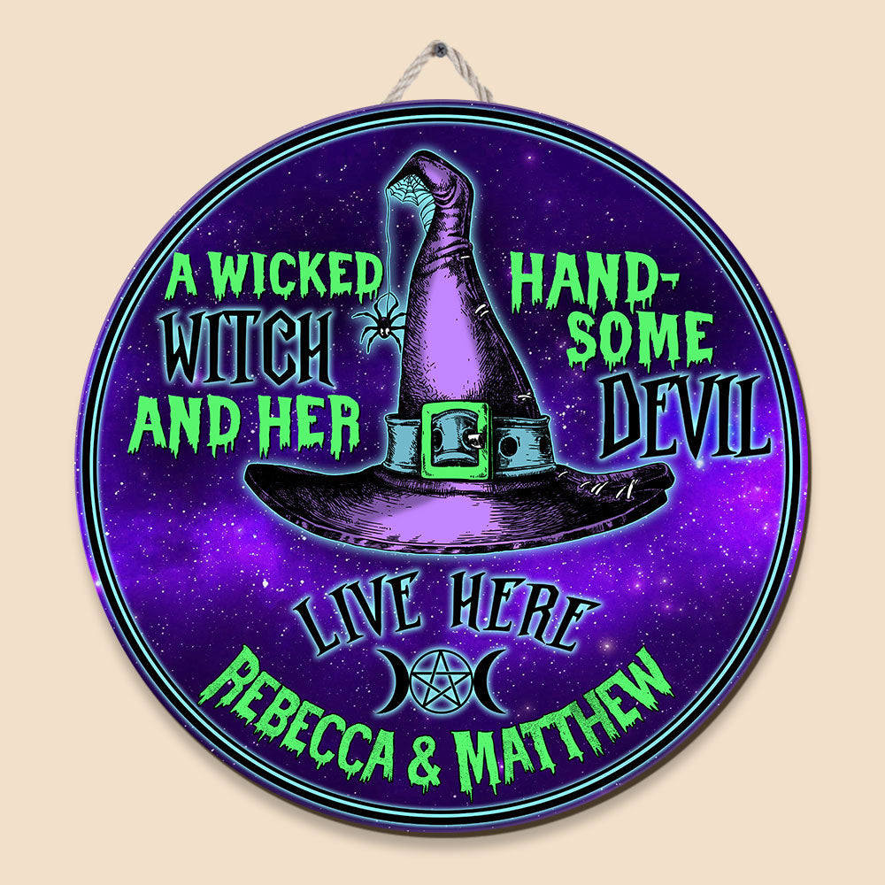 Witch Handsome Devil - Personalized Circle Wooden Sign - Best Gift For Halloween - Giftago