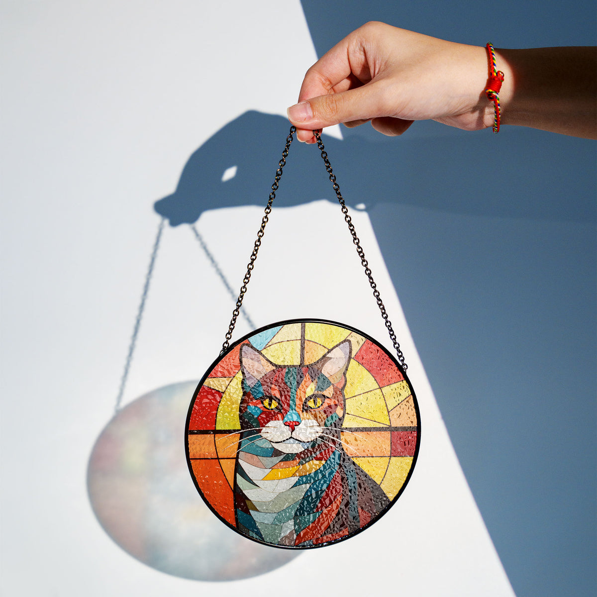 Flame-Touched Feline Stained Glass Window Hanging Suncatcher