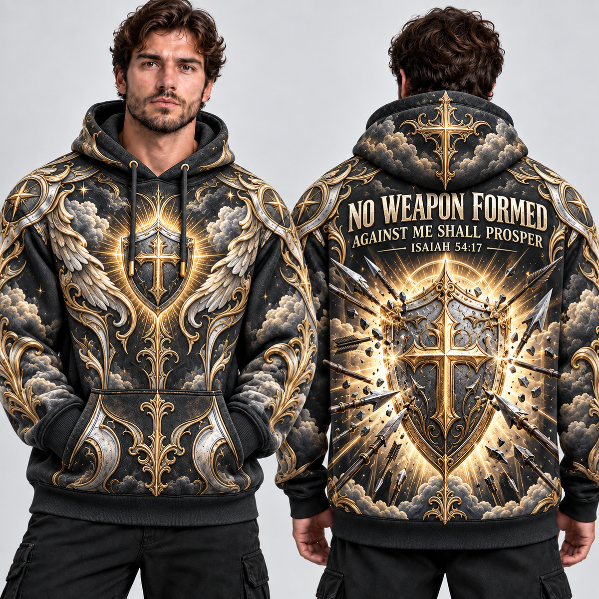 No Weapon Formed Divine Shield Christian Hoodie – Black & Gold