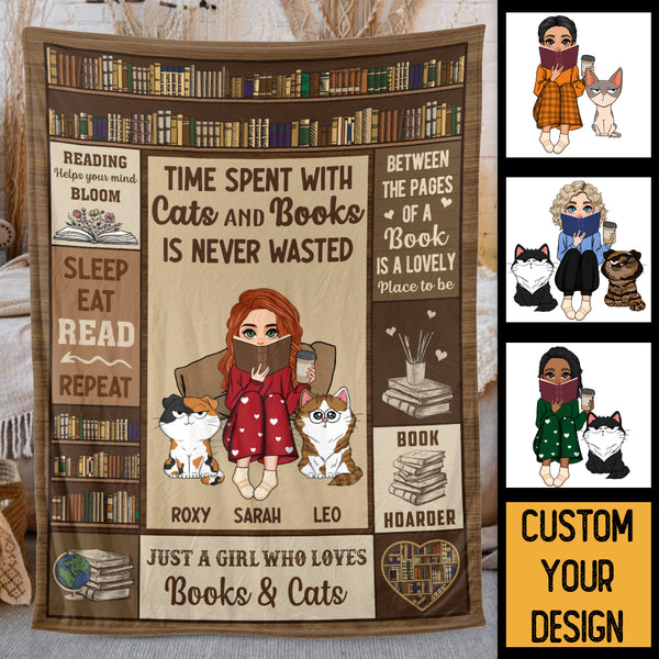 Time Spent With Cats And Books Is Never Wasted (Chibi) - Personalized Blanket - Thoughtful Gift For Birthday, Christmas - Giftago