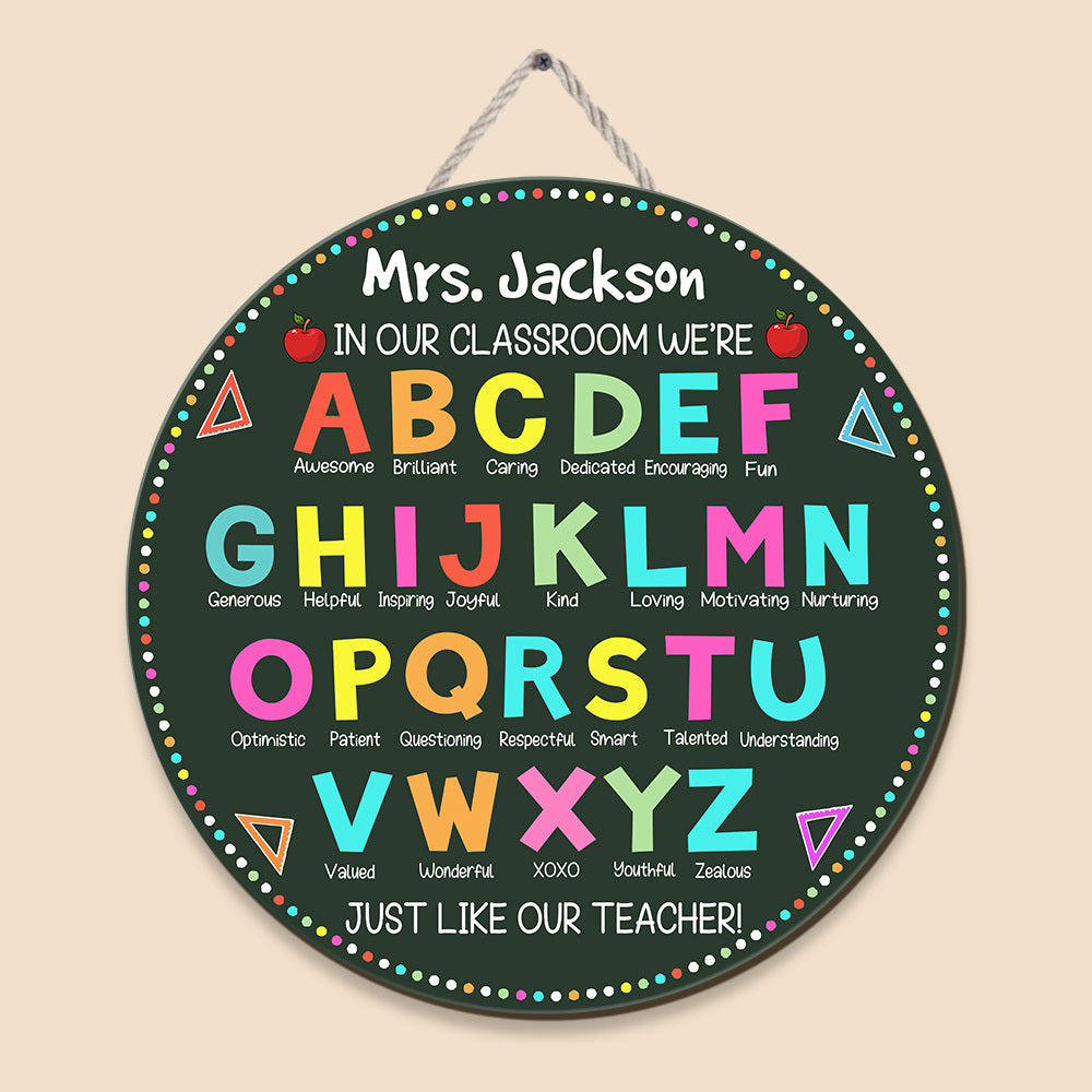 We're Awesome Brilliant Caring Alphabet Words Classroom - Personalized Round Wooden Sign - Best Gift For Teacher - Giftago