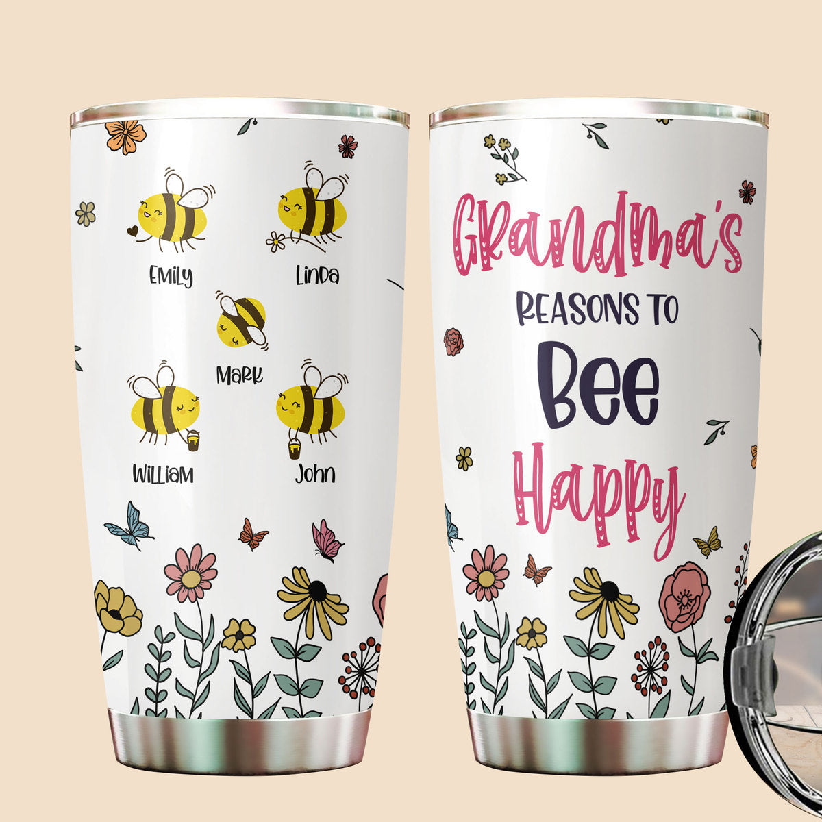 Grandma Reasons To Bee Happy - Personalized Tumbler - Best Gift For Grandma - Giftago