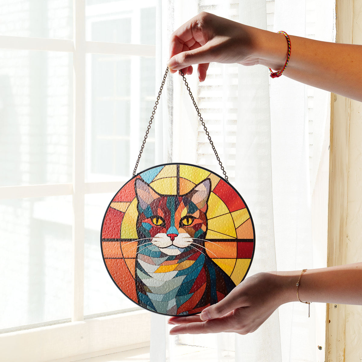 Flame-Touched Feline Stained Glass Window Hanging Suncatcher