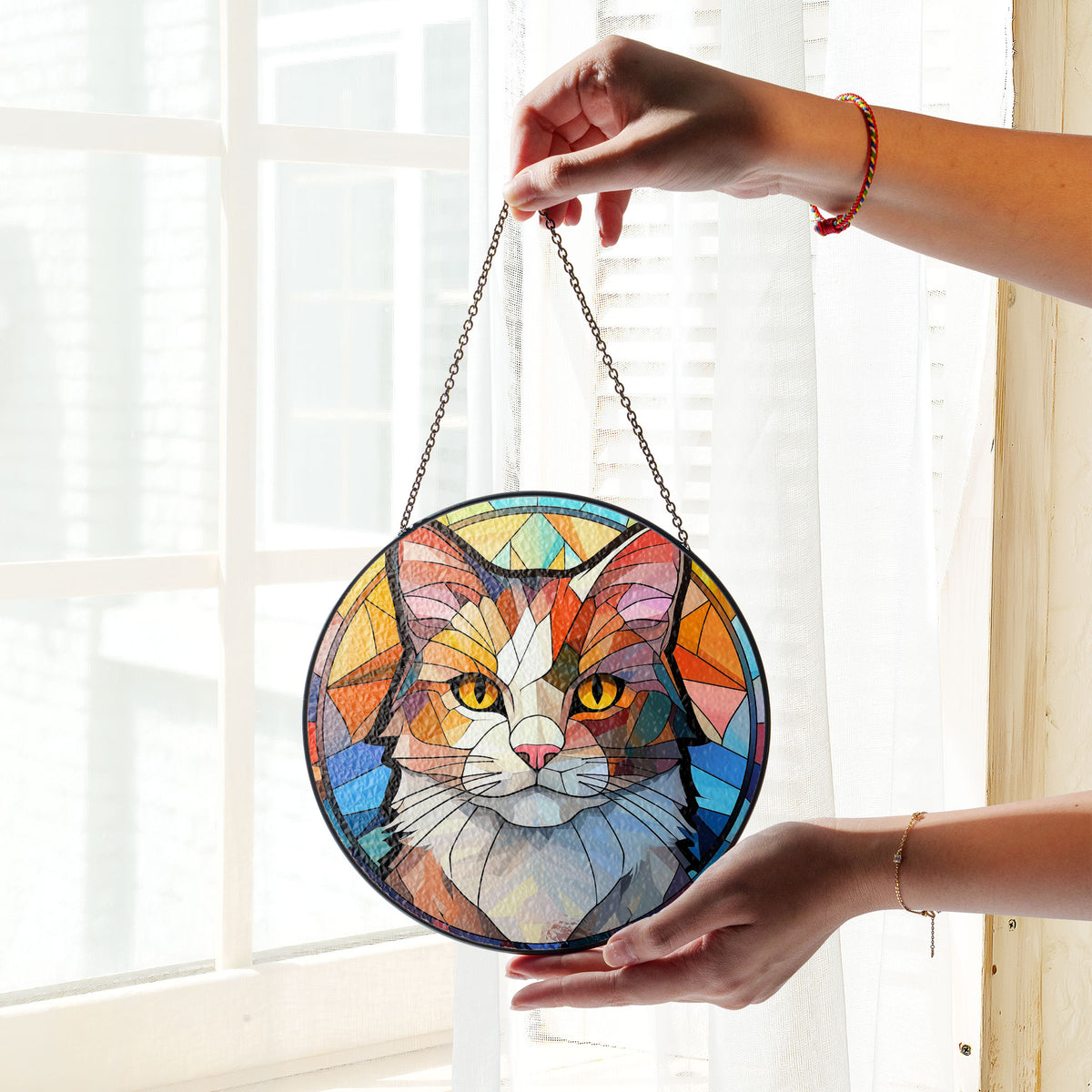 Celestial Cat Stained Glass Window Hanging Suncatcher