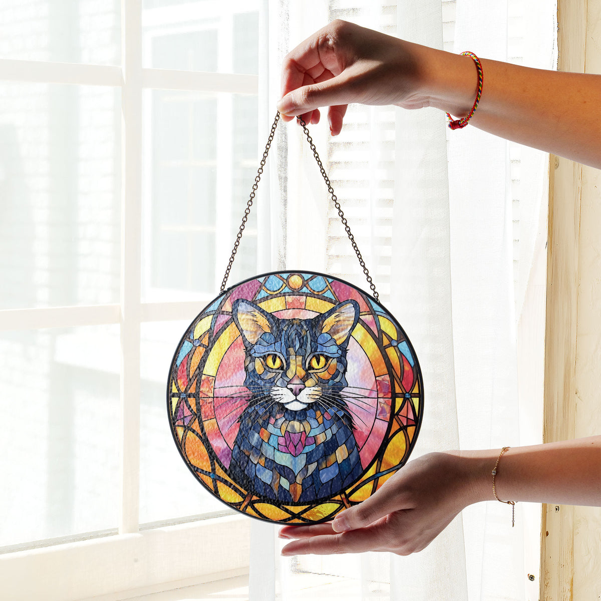 Gleaming Whiskers Stained Glass Window Hanging Suncatcher