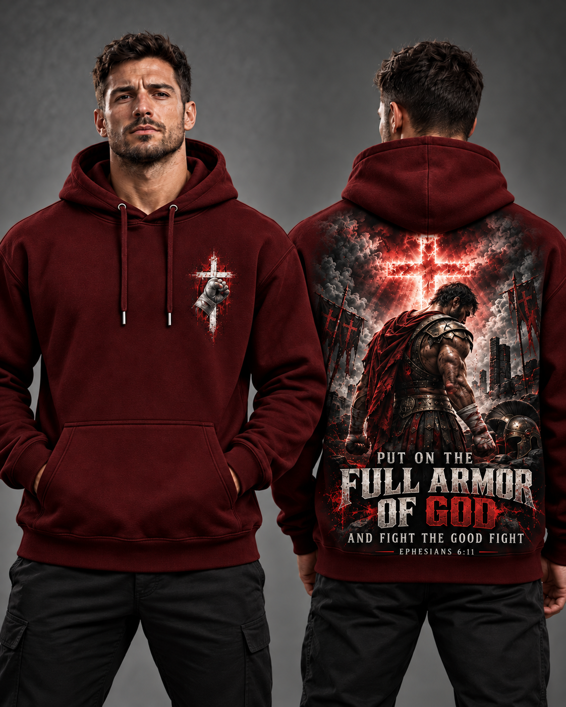 Fight the Good Fight – Full Armor Burgundy Christian Hoodie