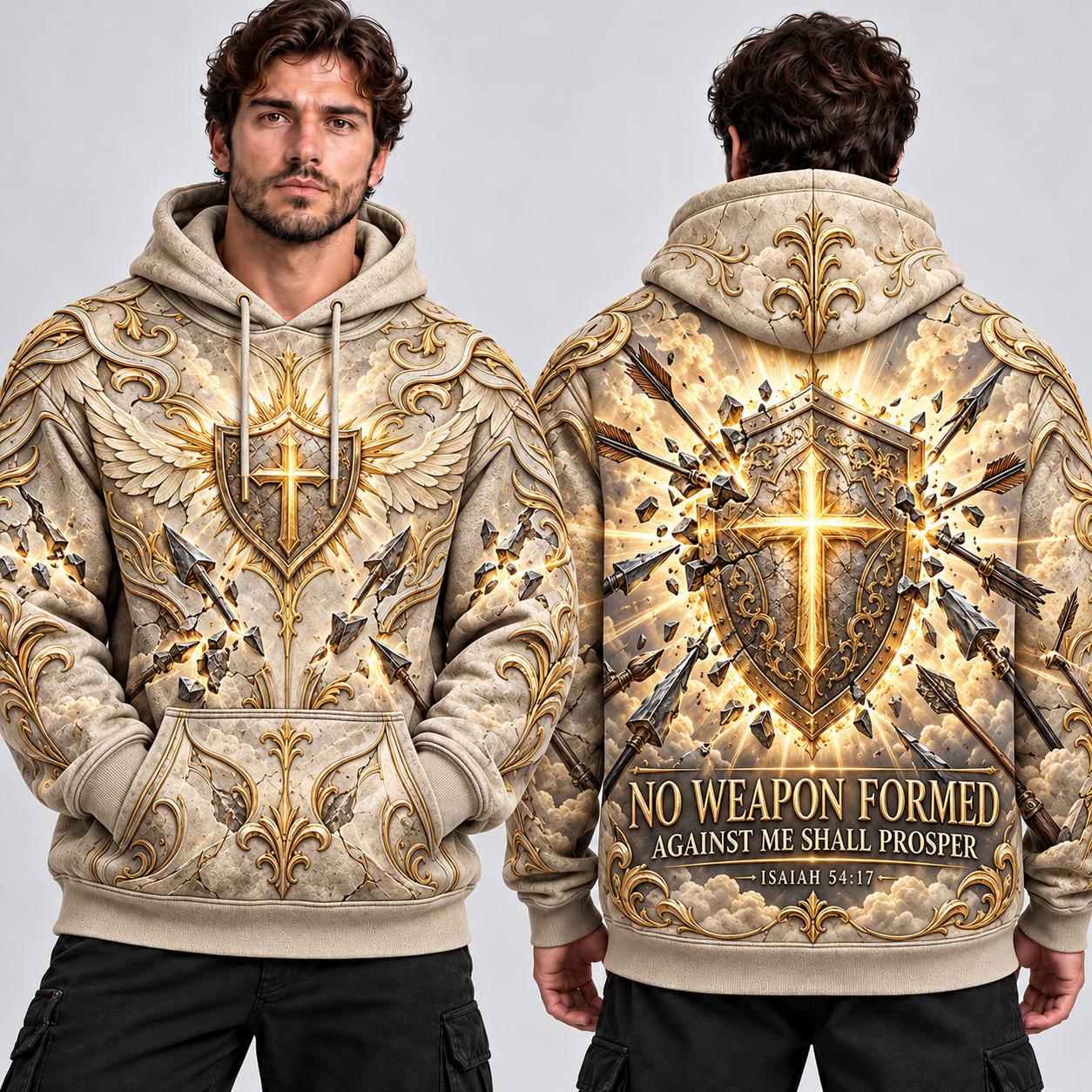 No Weapon Formed Heavenly Armor Christian Hoodie – Ivory & Gold