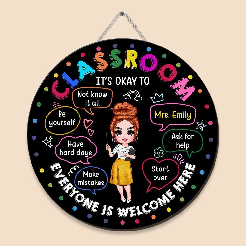 Classroom, Everyone Is Welcome Here - Personalized Circle Wooden Sign - Best Gift For Teacher - Giftago
