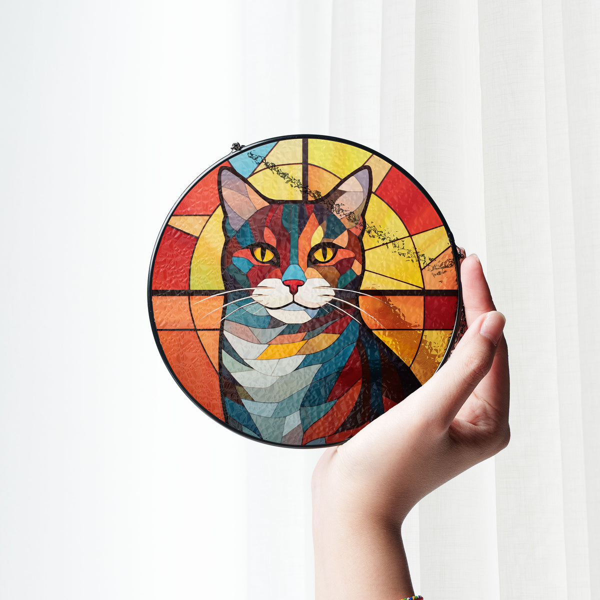 Flame-Touched Feline Stained Glass Window Hanging Suncatcher