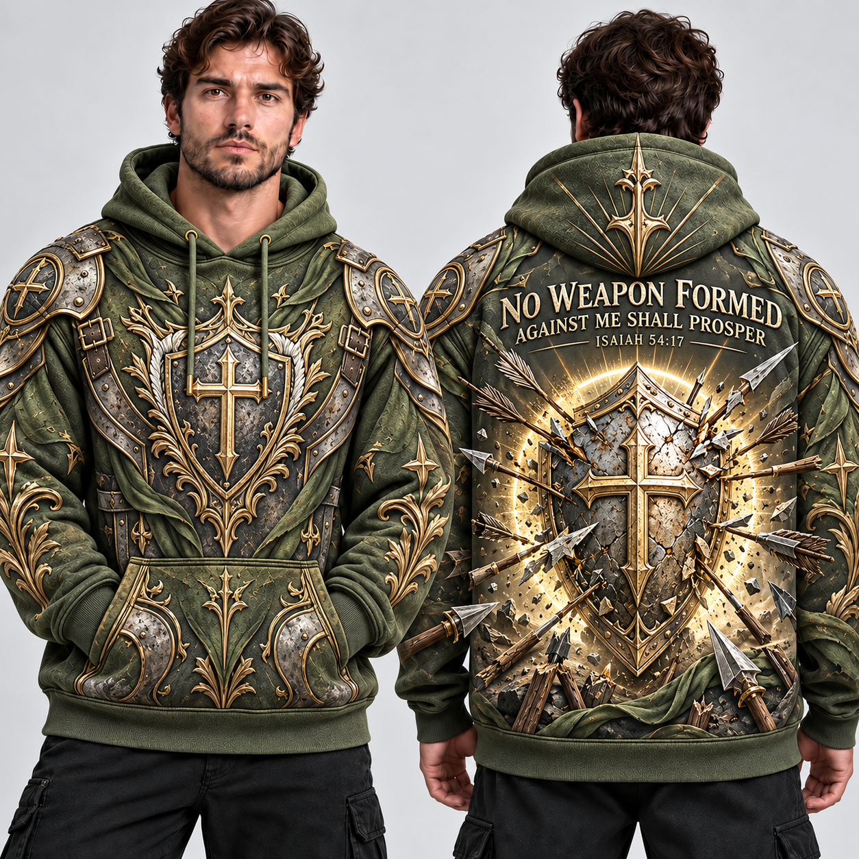 No Weapon Formed Warrior Shield Christian Hoodie – Olive Green