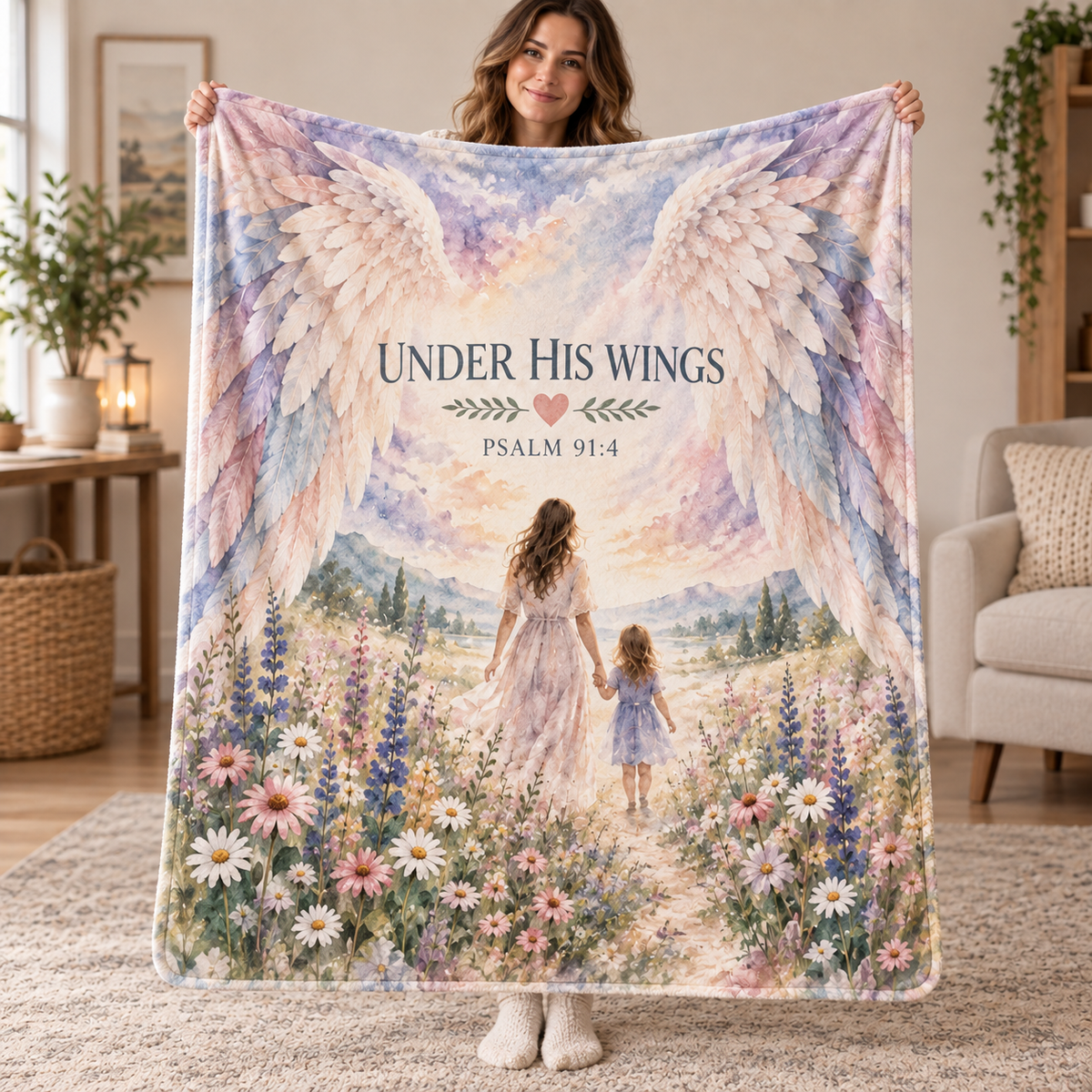 "Under His Wings" Psalm 91:4 Christian Throw Blanket - Mother & Daughter Watercolor Art