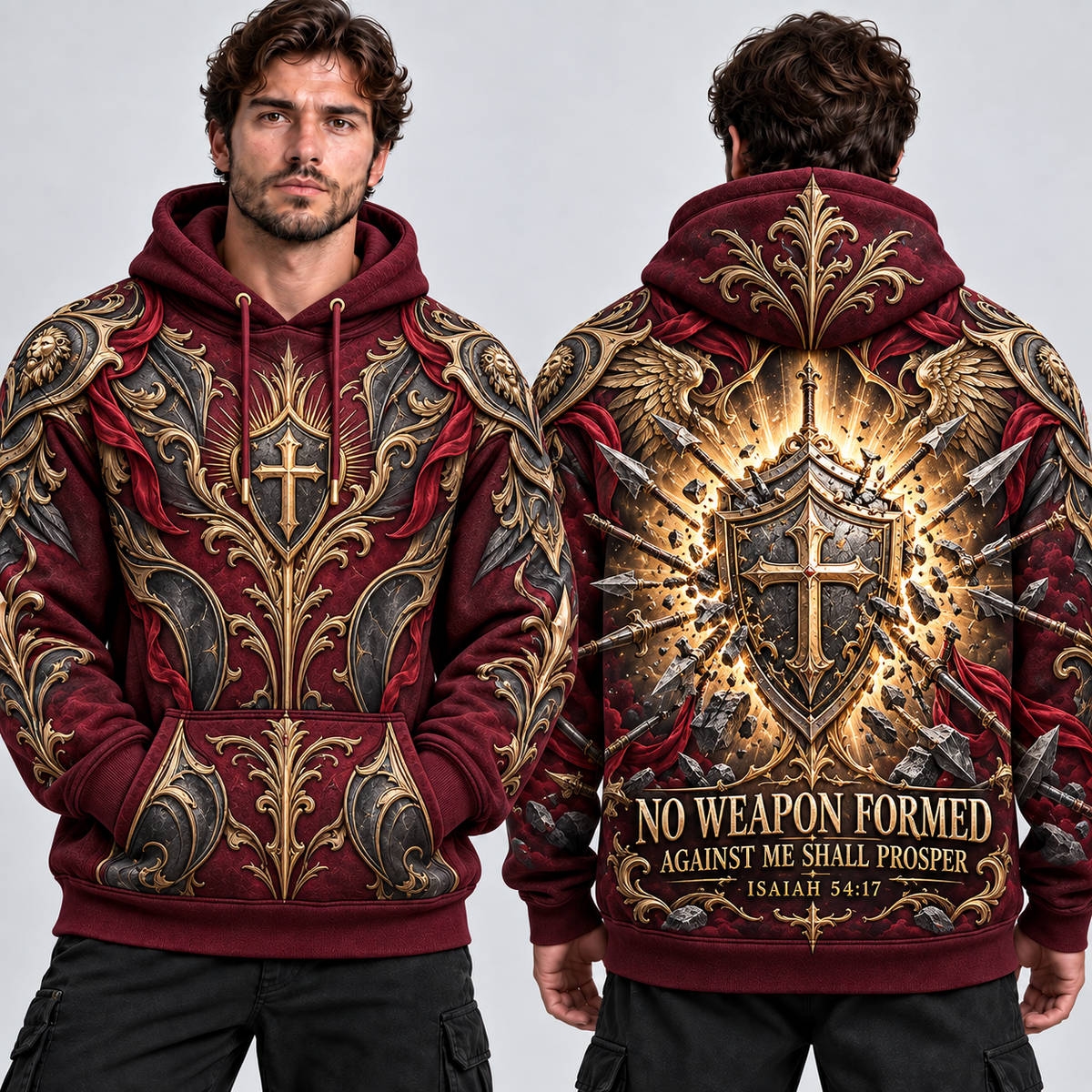 No Weapon Formed Lionheart Armor Christian Hoodie – Burgundy & Gold