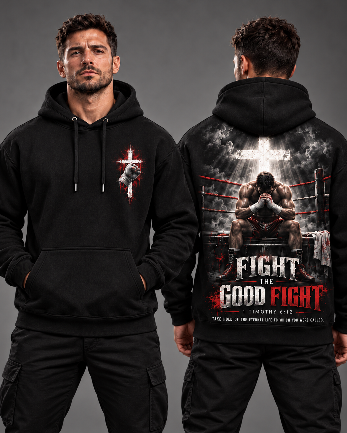 Fight the Good Fight – Stand in Faith Black & Red Christian Hoodie