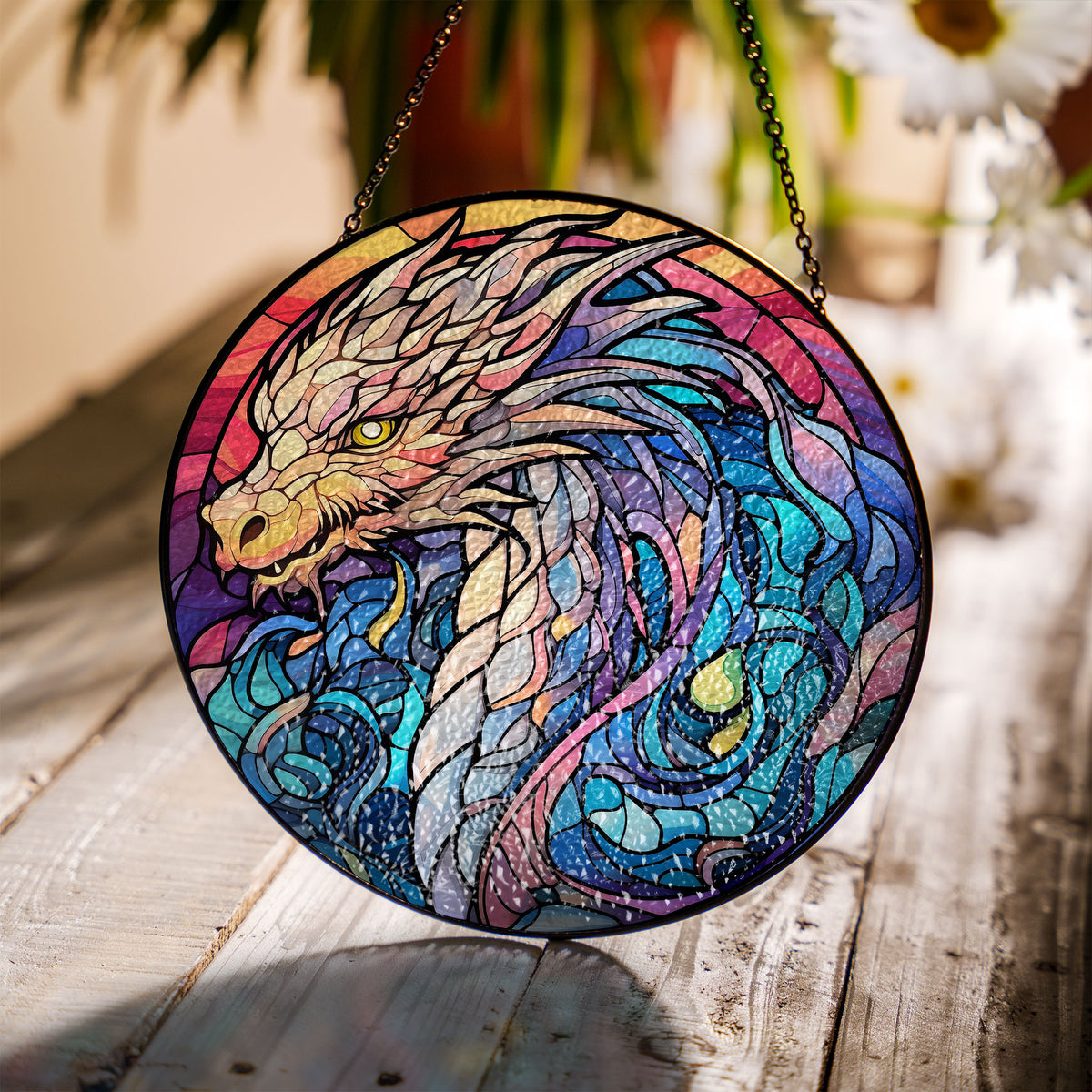 Flameheart Dragon Stained Glass Window Hanging Suncatcher