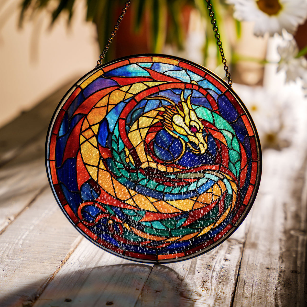 Emerald Flamekeeper Stained Glass Window Hanging Suncatcher