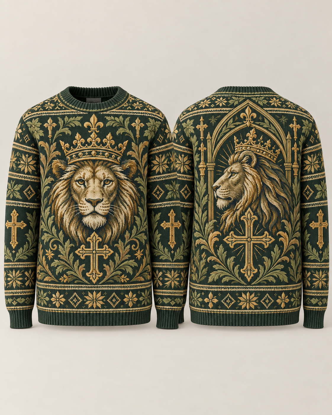 Lion of Judah Evergreen Cathedral Christian Sweater