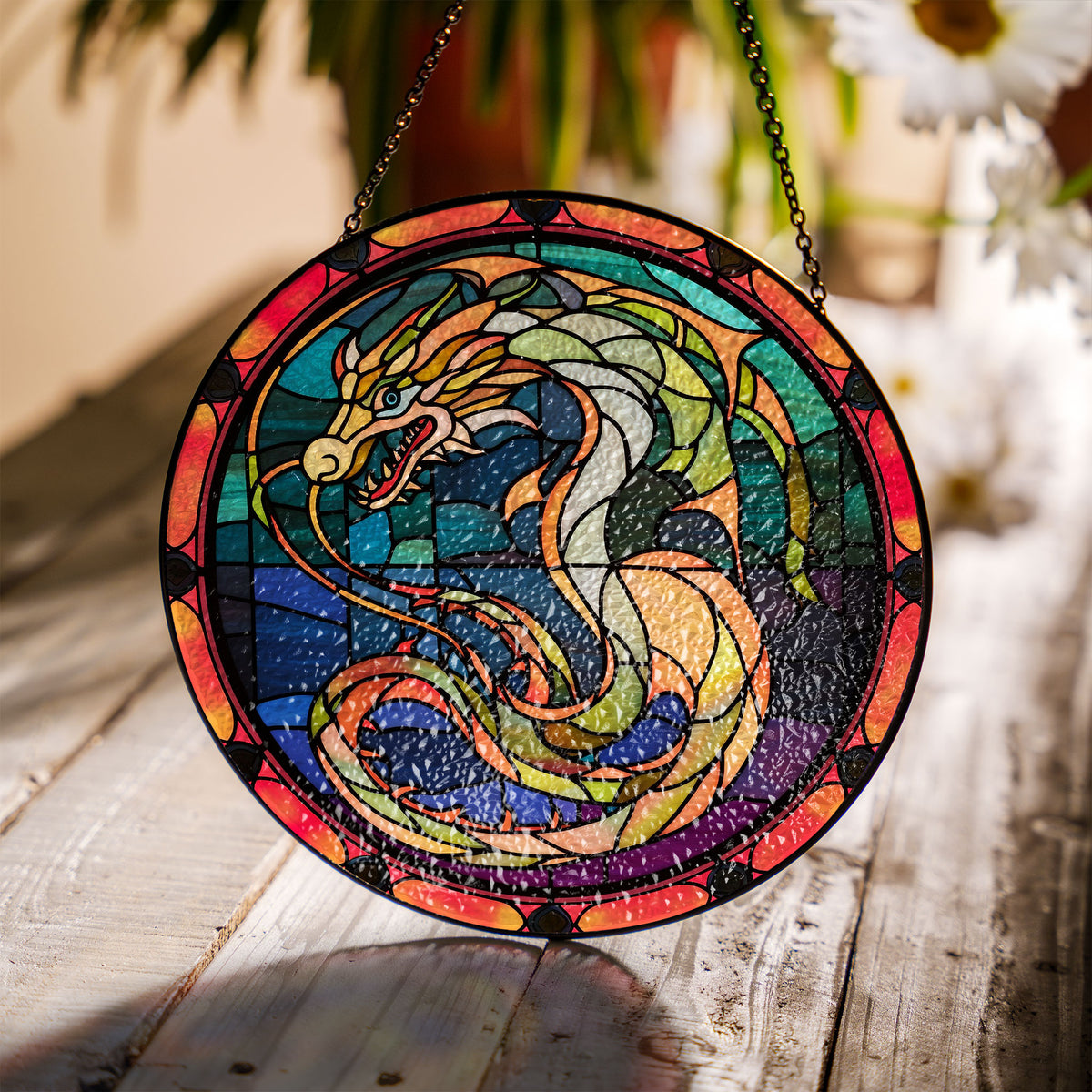 Dragon of the Mystic Moon Stained Glass Window Hanging Suncatcher