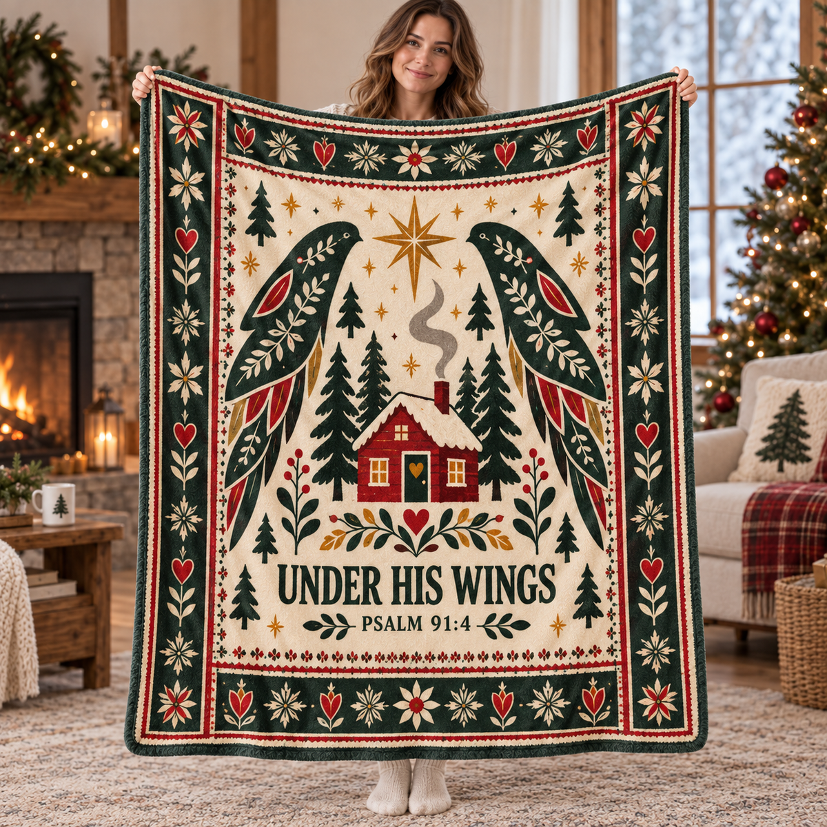 "Under His Wings" Psalm 91:4 Nordic Winter Cabin Throw Blanket – Christian Folk Art Decor