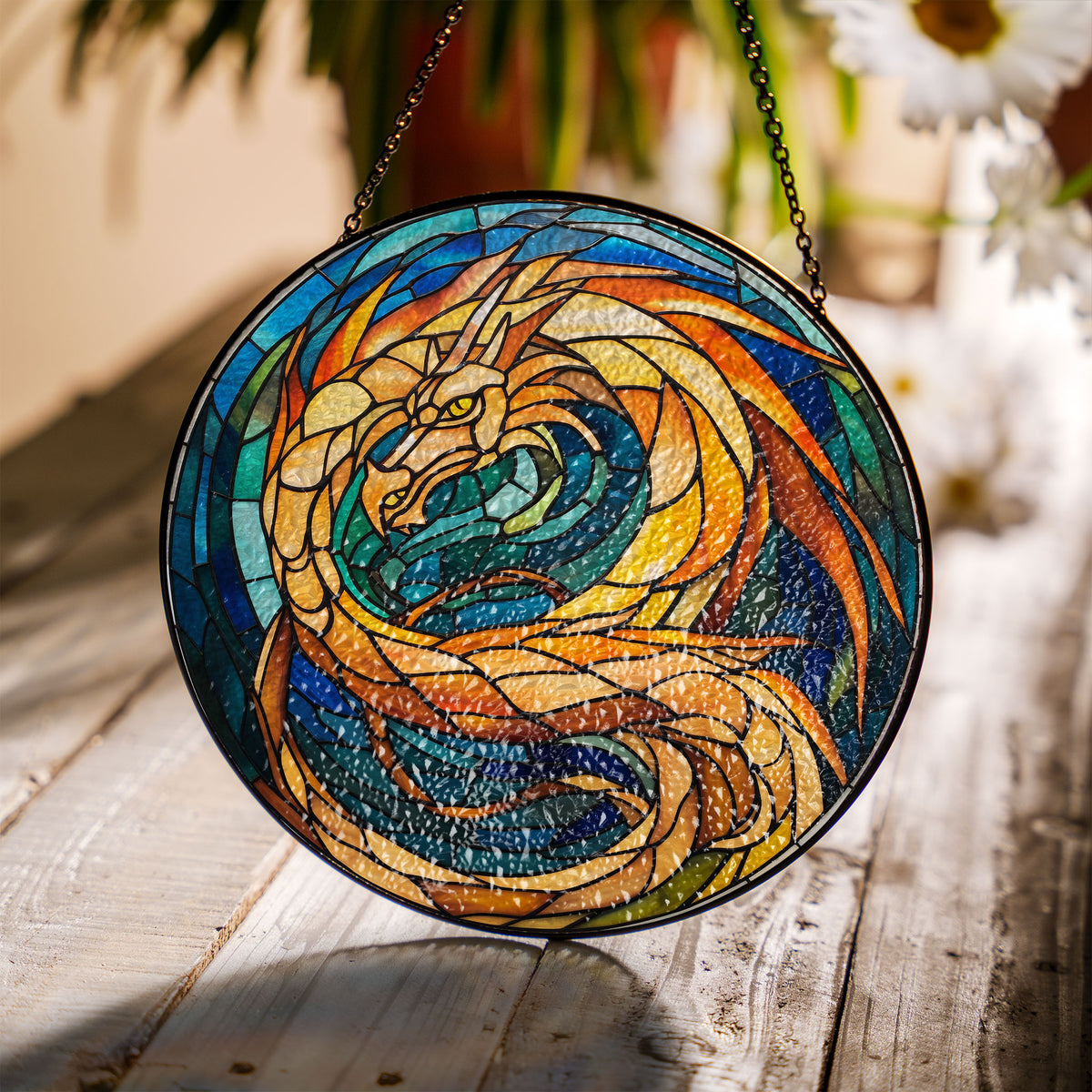 Golden Emberwing Stained Glass Window Hanging Suncatcher