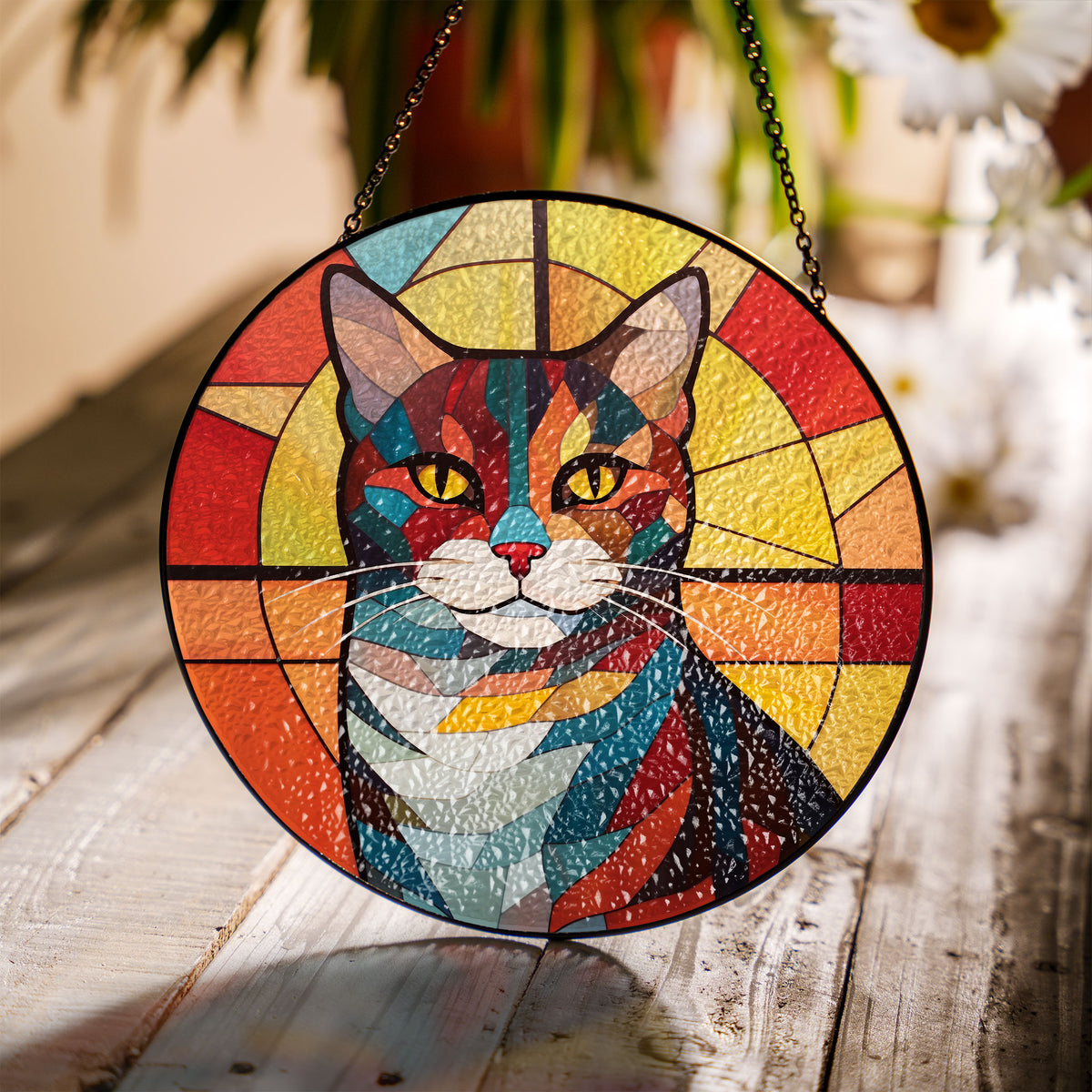 Flame-Touched Feline Stained Glass Window Hanging Suncatcher