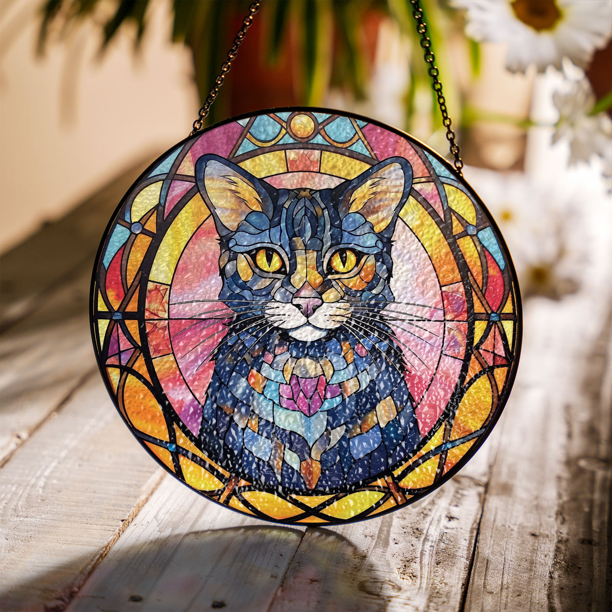 Gleaming Whiskers Stained Glass Window Hanging Suncatcher
