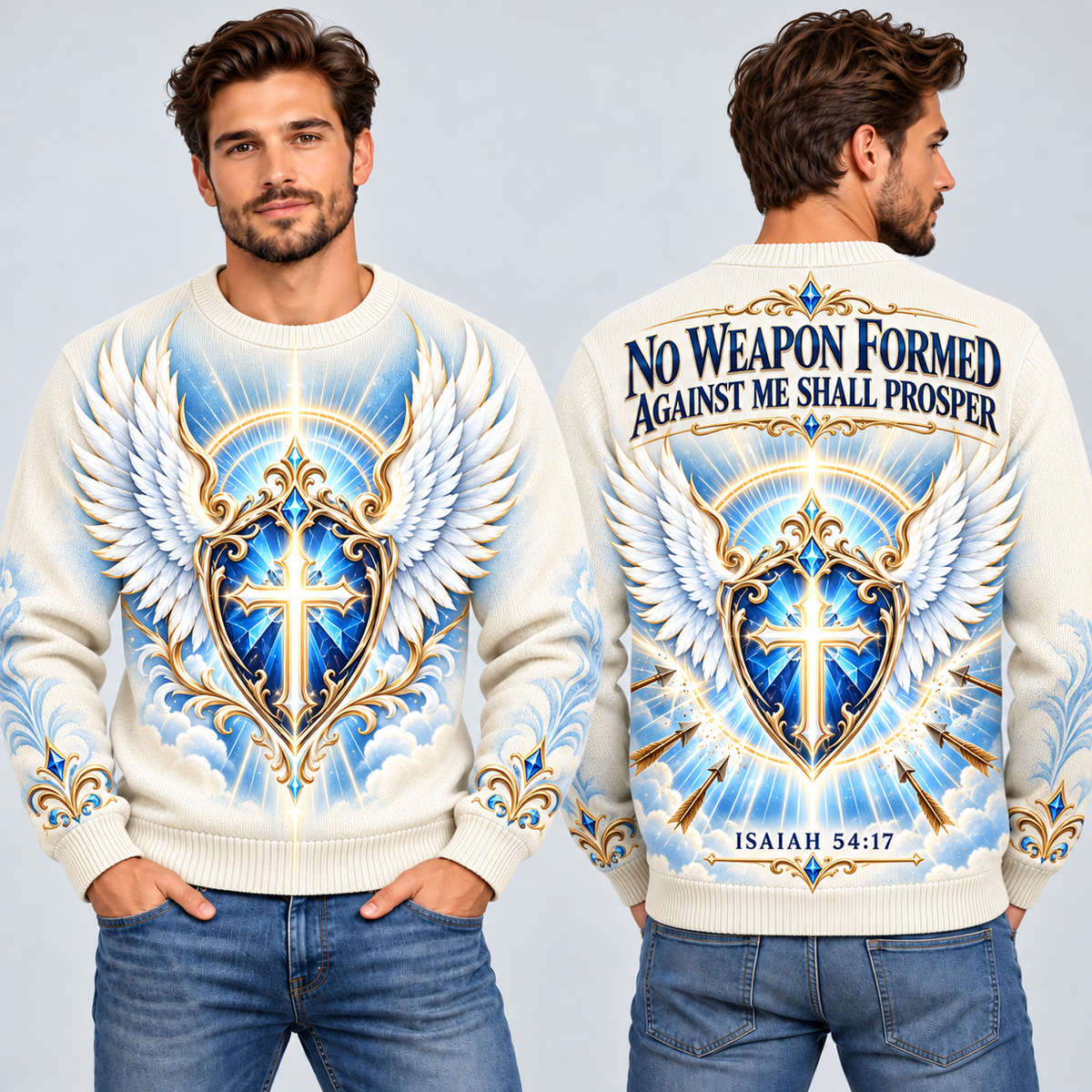 No Weapon Formed – Heavenly Armor Ivory Christian Sweater