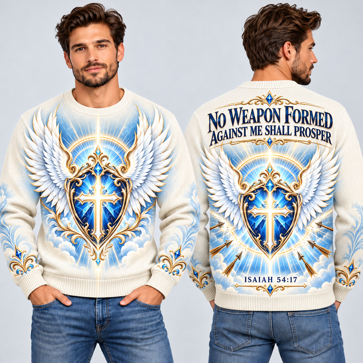 No Weapon Formed – Heavenly Armor Ivory Christian Sweater
