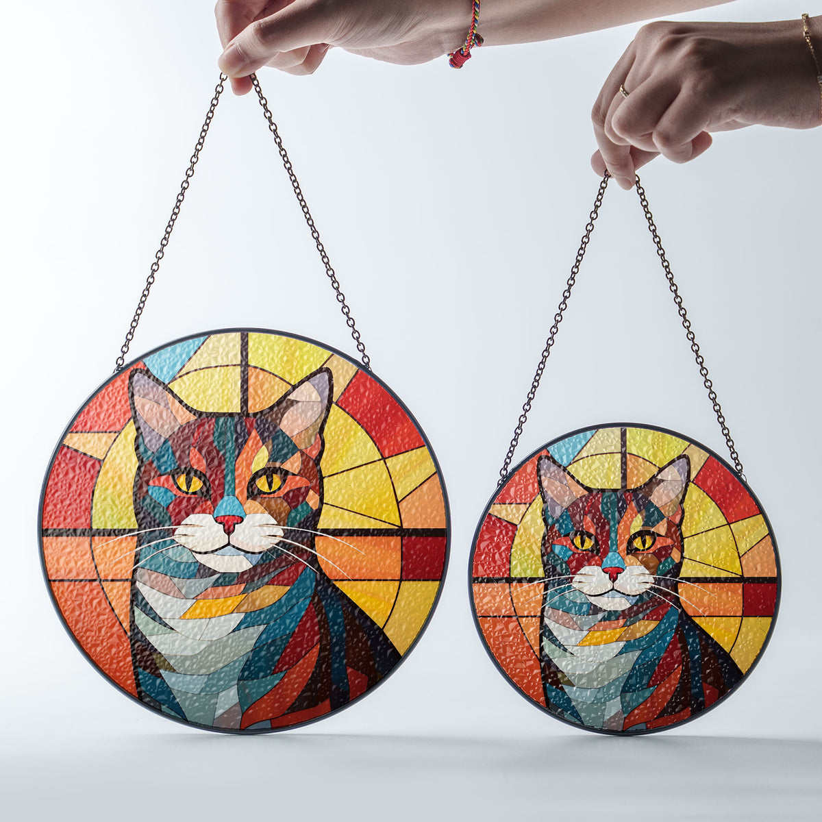 Flame-Touched Feline Stained Glass Window Hanging Suncatcher