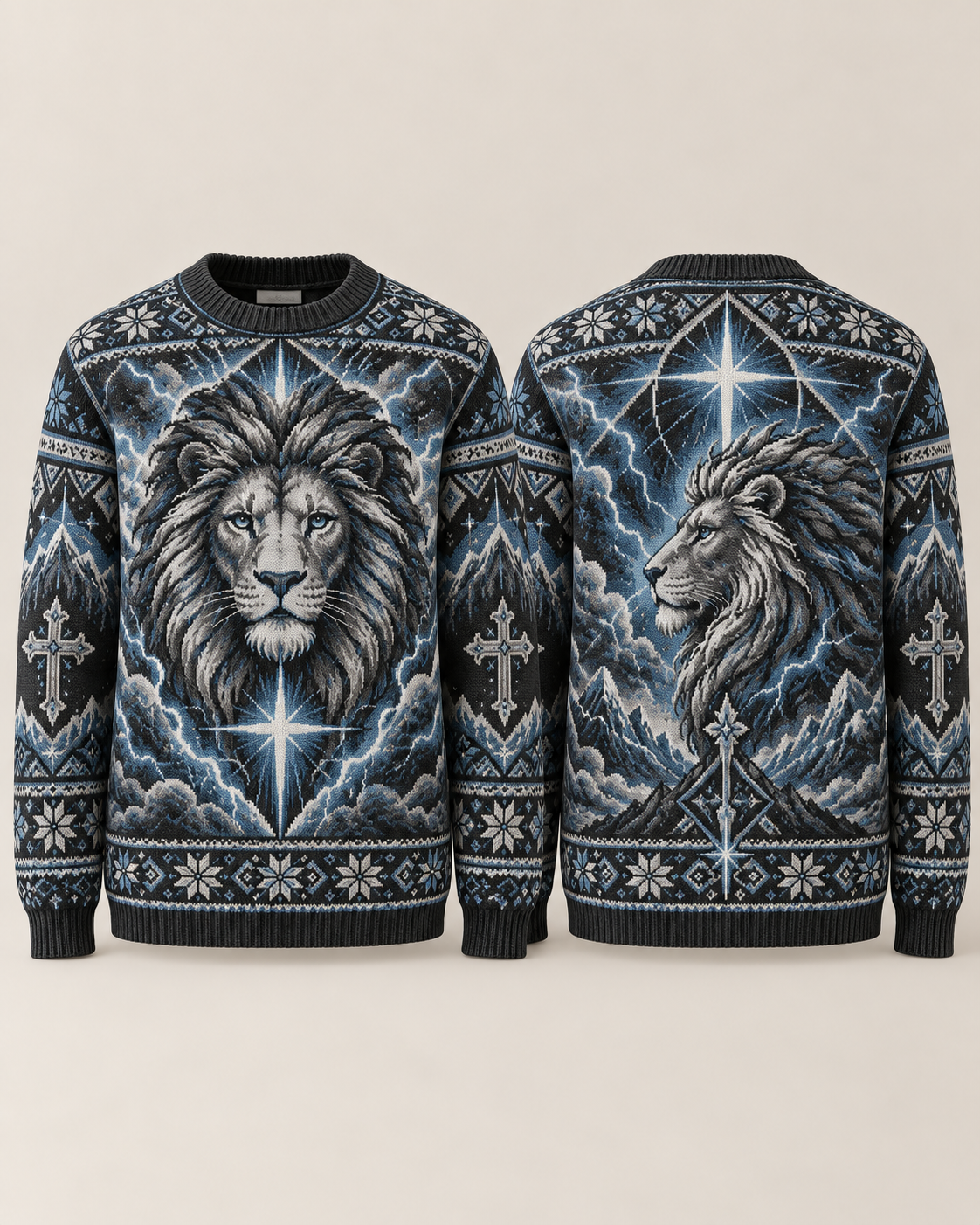 Lion of Judah Storm of Faith Black & Blue Christian Sweater