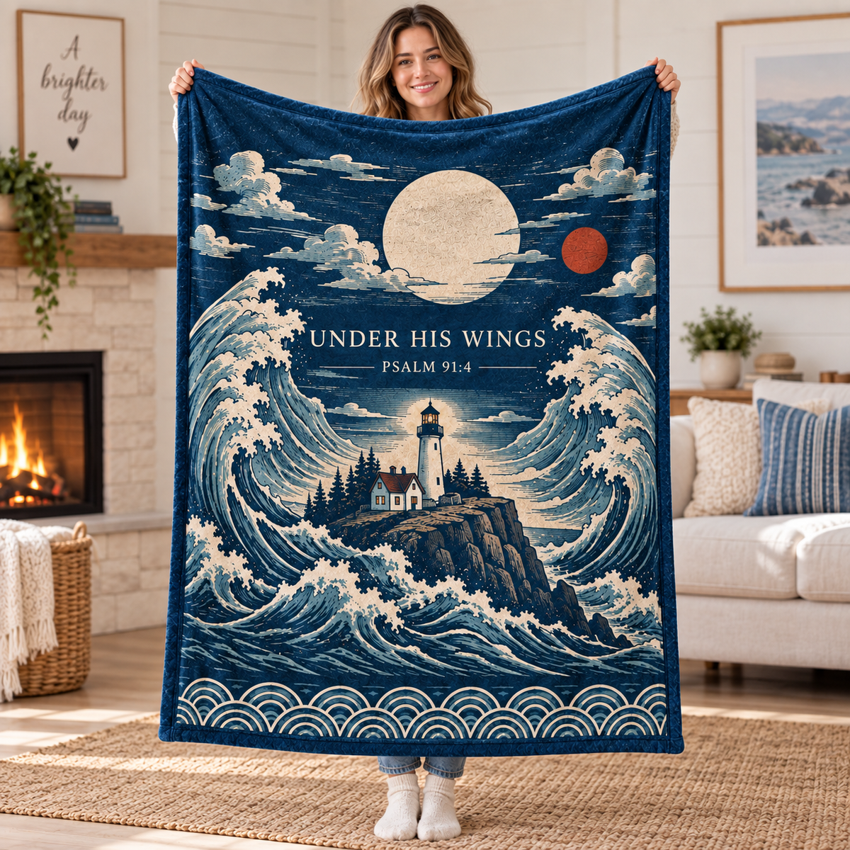"Under His Wings" Psalm 91:4 Lighthouse & Ocean Wave Throw Blanket – Coastal Christian Decor