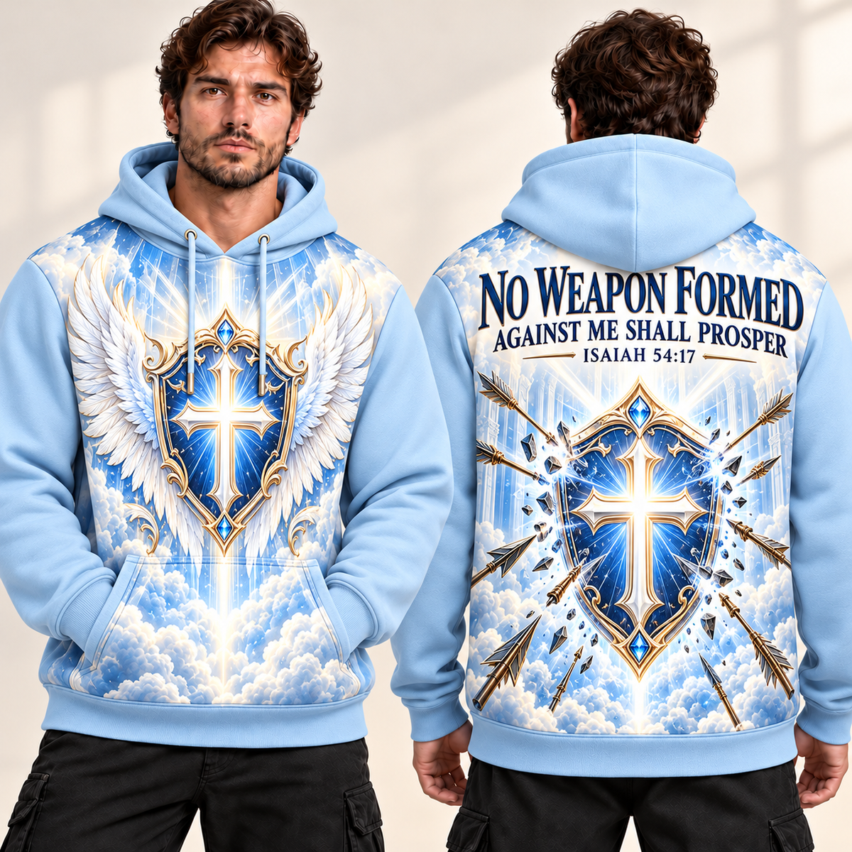 No Weapon Formed – Heavenly Shield Ice Blue Christian Hoodie