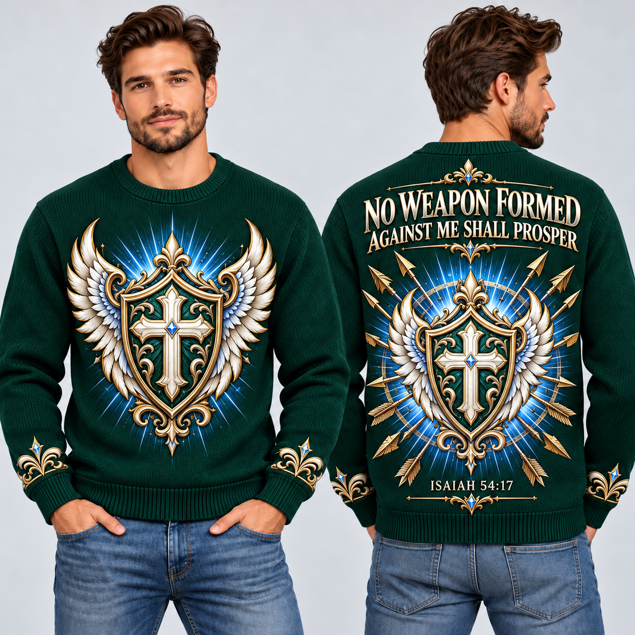 No Weapon Formed – Guardian Shield Emerald Green Christian Sweater