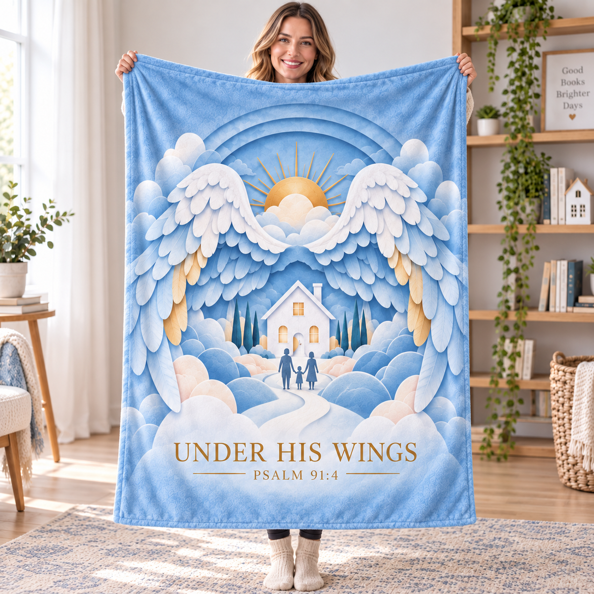 "Under His Wings" Psalm 91:4 Heavenly Family Throw Blanket – Ethereal 3D Papercut Art