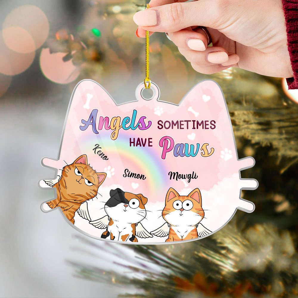 Personalized Cat Memorial Christmas Acrylic Ornament - Angels Sometime Have Paws - Cat Loss Gift, Remembrance Gift - Giftago