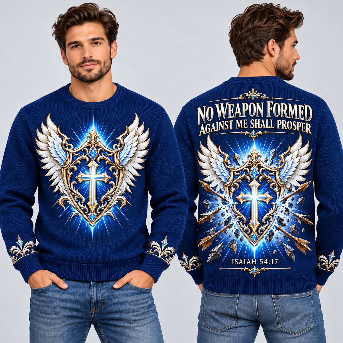 No Weapon Formed – Crowned Victory Royal Blue Christian Sweater